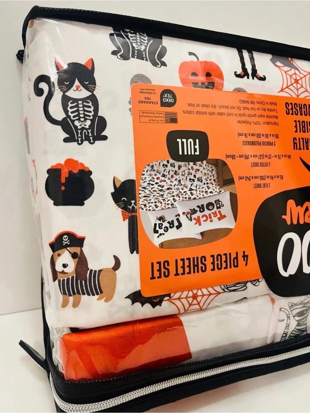 Boo Crew Halloween Full Size Sheet Set Cats Skulls Cobwebs Spiders Owls Dog Cat